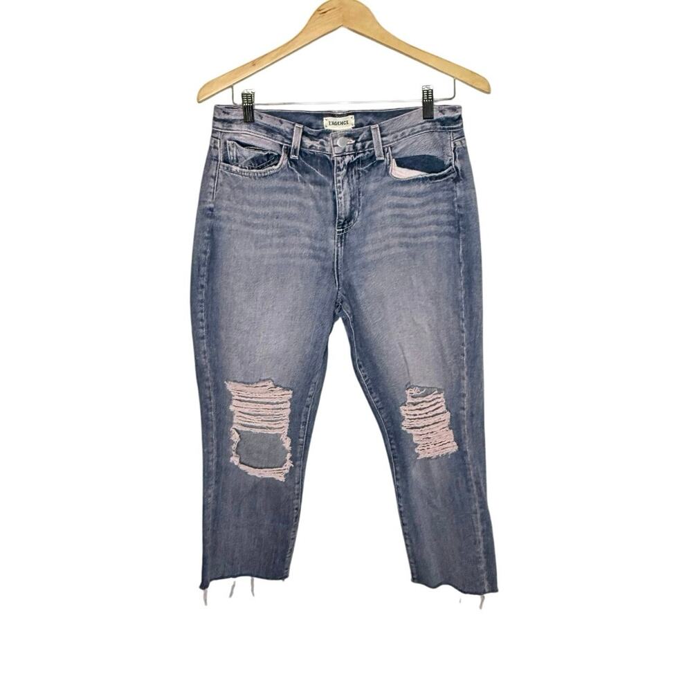 L'AGENCE Women's 29 Adele High Rise Cropped Distressed Pink Denim Jean Fallbrook